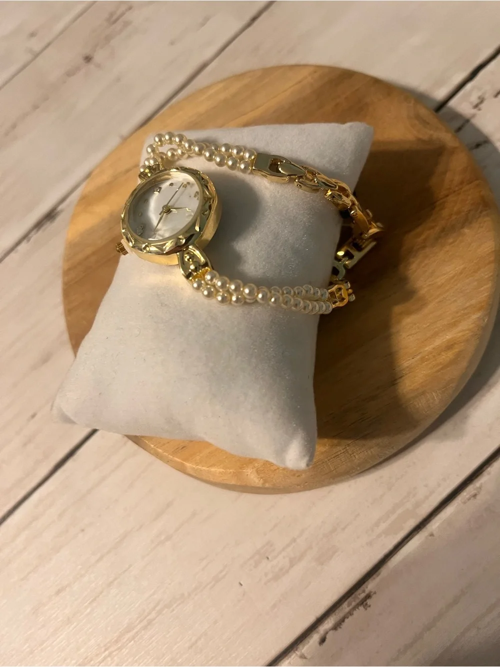 Francesca's Collections Gold and White Pearl Accent Bracelet Watch